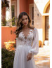 Beaded Long Sleeve Ivory Lace Chiffon Boho Wedding Dress